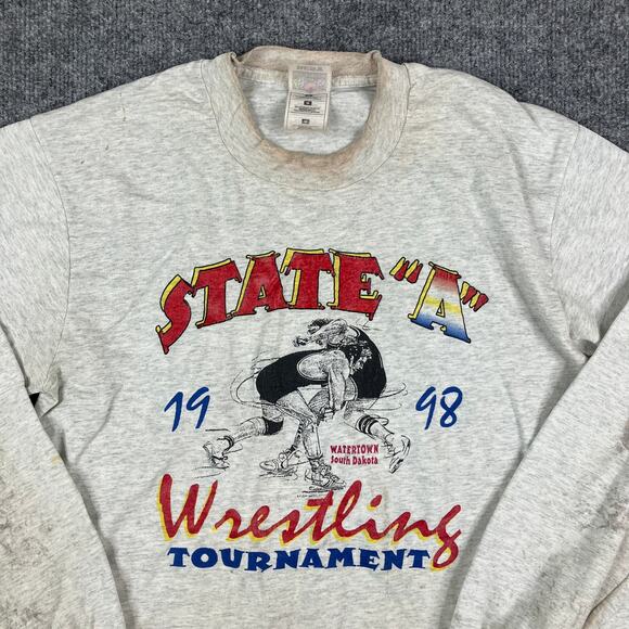 Fruit of the Loom T-Shirt Mens M Gray 1998 Wrestling Graphic Vintage 90s Stained - Picture 1 of 7